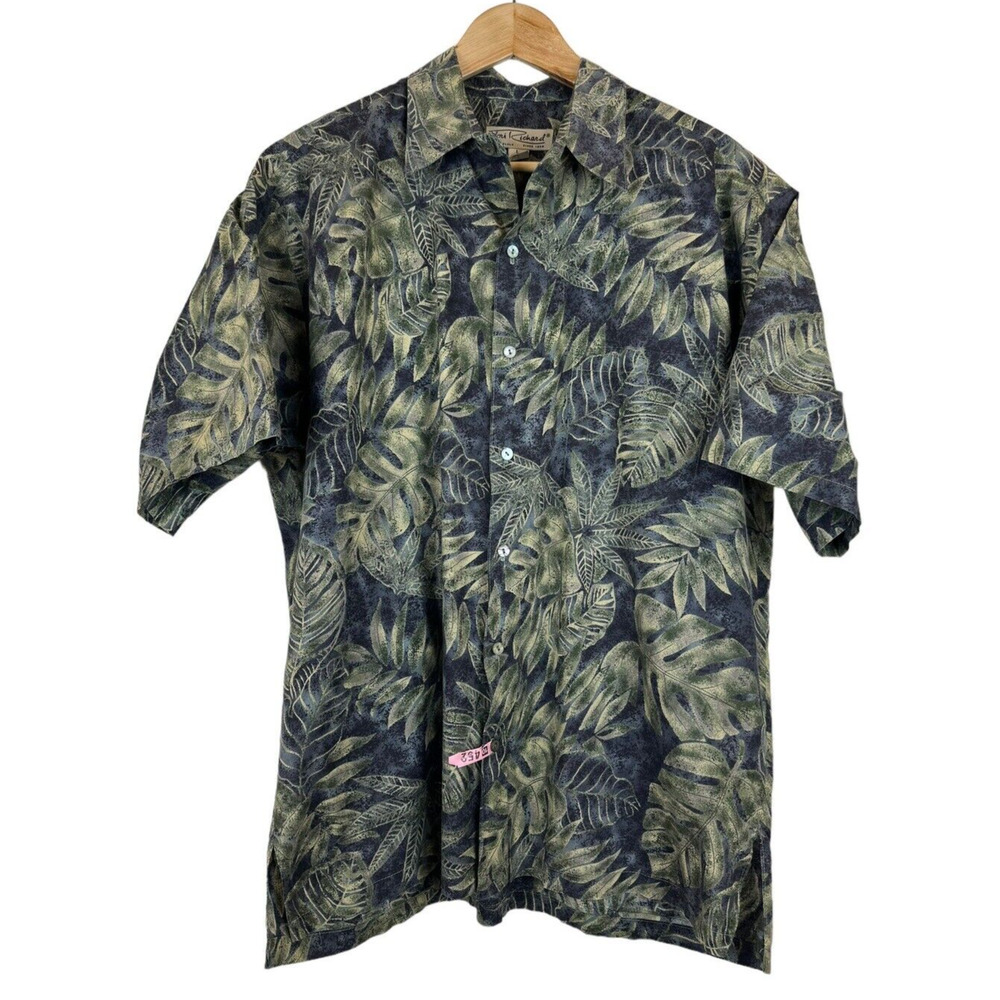 Tori Richard Hawaiian Shirt Men's L Camp Cotton Lawn Leaf Print Green/Blue *SEE